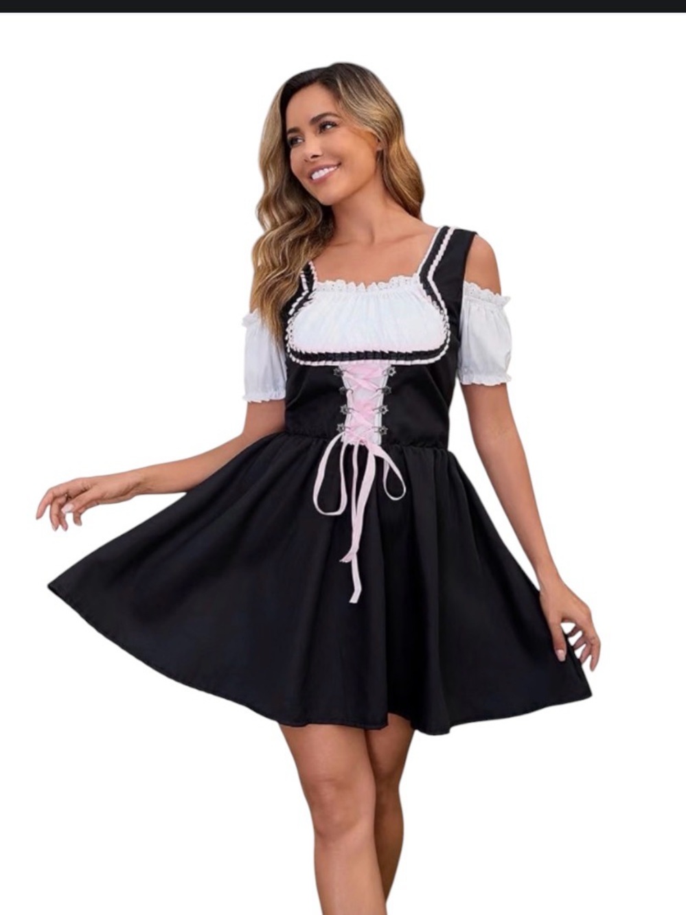 A355 Populus Oktoberfest Black Off-Shoulder Corset Lace-Up Dress White Bodice
